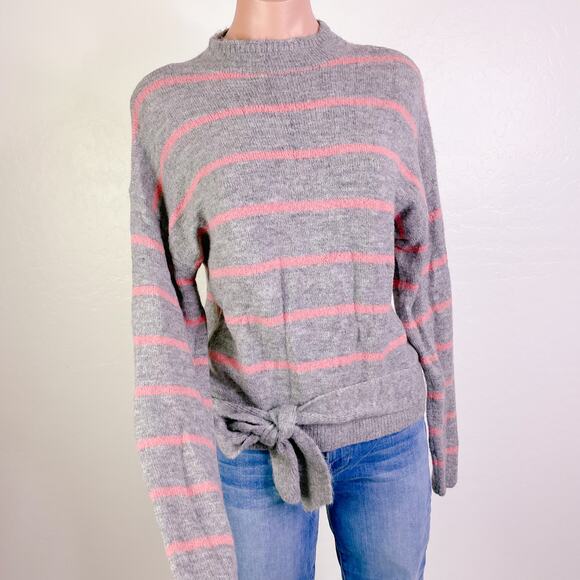 WAYF Striped Mock Neck Tie Waist Pullover Sweater Gray Pink Wool Blend Small - Picture 1 of 12